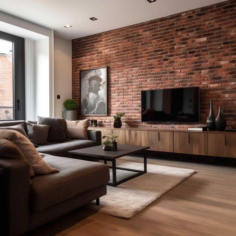 Brick Tv Wall, Rooms With Brick Walls, Brick Wall Interior Living Room, Exposed Brick Living Room, Living Room With Brick Wall, Brick Interior Design, Casa Rock, Brick Wall Living Room, Brick Wall Decor