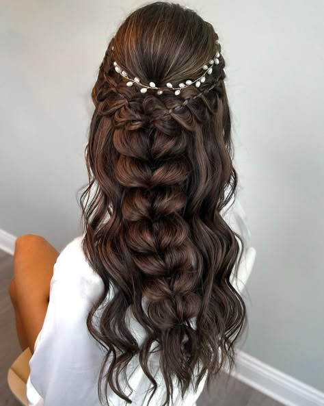 Another beautiful bridal braid look by @samirasjewelry using @sexyhair Spray & Stay! Half Up Half Down Wedding Hair Bubble Braid, Unique Hairstyles For Prom, Bride Hair Braid Half Up, Half Up Braid Wedding Hair, Braid Half Up Half Down Wedding, Wedding Hair Styles Half Up Half Down, Prom Hairstyles For Long Hair Half Up, Bridal Braided Hairstyles, Bridal Braid