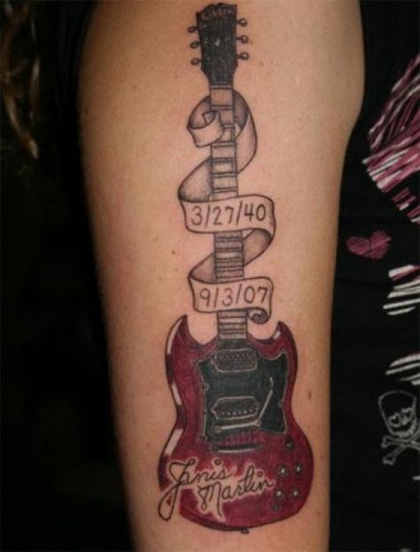 In Loving Memory Guitar Tattoos, Traditional Guitar Tattoo, Electric Guitar Tattoo, Music Tats, Hungarian Tattoo, Guitar Tattoos, Sg Tattoo, Guitar Tattoo Design, Rose Tattoos For Women