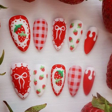 Strawberry Shortcake Nails Designs, Angel Attire, Strawberry Milk Nails, Chinese Nail Art, Nails Tay, Strawberry Nail Art, Mix Match Nails, Strawberry Drawing, Strawberry Nails