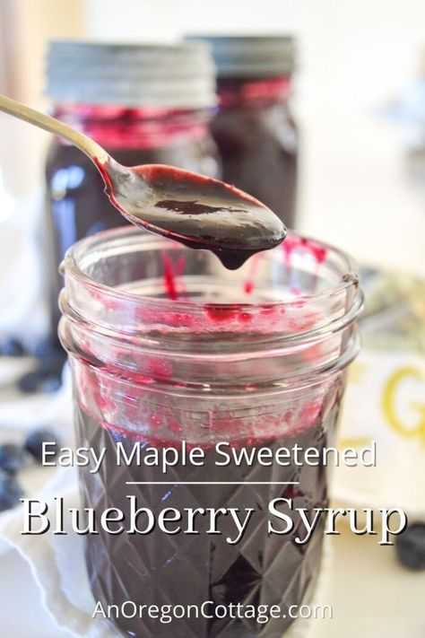 Delicious, quick, and super easy blueberry syrup recipe made healthy with just maple syrup for a sweetener. Choose to can or freeze and use all year long on everything from pancakes to drinks. Blueberry Chutney Recipe, Blueberry Syrup Recipe, Easy Blueberry Cobbler, Oregon Cottage, Cottage Recipes, Preserving Recipes, Blueberry Bars, Homemade Soda, Blueberry Syrup