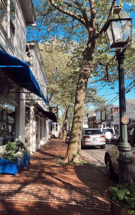 A tree-lined brick sidewalk and storefronts in Edgartown, MA Edgartown Massachusetts, Friend Groups, Island Town, San Diego Living, Martha's Vineyard, Marthas Vineyard, California State, Travel Lifestyle, Travel Itinerary