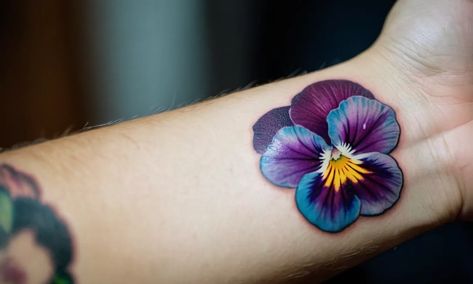 Capricorn Pansy Tattoo, Daffodil Tattoo Watercolor, Pansy Flowers Tattoo, Pansy Tattoo Design, Collar Bone Flower Tattoo, Color Test Tattoo, Viola Tattoo, Pansy Tattoos, Peony Tattoo Color