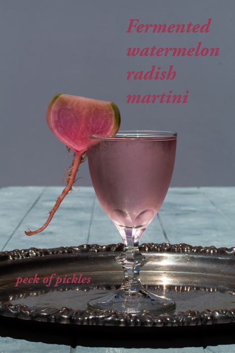 Fermented watermelon radish martini: Umami pickle cocktail | Peck of Pickles Cocktail Making Aesthetic, Garnished Cocktails, Fermented Watermelon, Pickle Cocktail, Dry Martini Recipe, Aesthetic Cocktails, Grapefruit Bitters, Fermenting Jars, Watermelon Radish