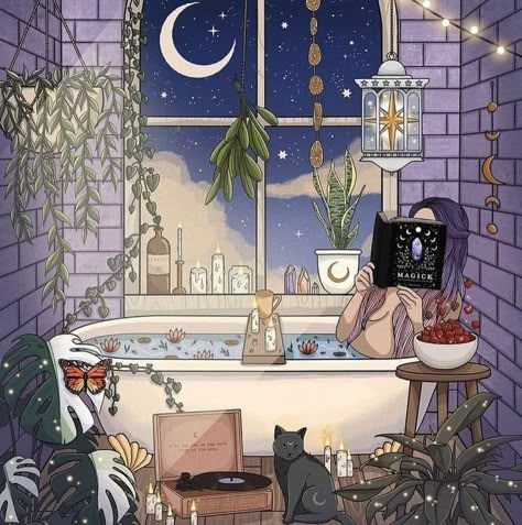 Tarot Witch Art, Witchy Digital Art, Bathtub Drawing, Witchy Corner, Bathtub Illustration, Crafting Witch, Wiccan Art, Crystal Witch, Witch Wallpaper