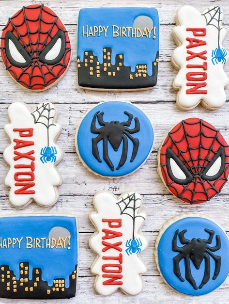 Spider Man Royal Icing Cookies, Spider Man Birthday Cookies, Spiderman Cookies Royal Icing, Spiderman Birthday Cookies, Spider Man Cookies Decorated, Spider-man Cookies, Spidey And His Amazing Friends Cookies, Spiderman Cookies Decorated, Spiderman Sugar Cookies