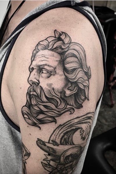 Tattoo uploaded by Kevin Hennessey Tattoo | #kevinhennesseytattoo #blackandgrey #blackwork #neotraditional #dotwork #ink #inked #bold #bodyart #sculpture #armtattoo | 673601 | Tattoodo Traditional Tattoo Eye, Traditional Tattoo Black And Grey, Tattoo House, Greek God Tattoo, Pikachu Tattoo, Gangsta Tattoos, Statue Tattoo, Greek Mythology Tattoos, Epic Tattoo