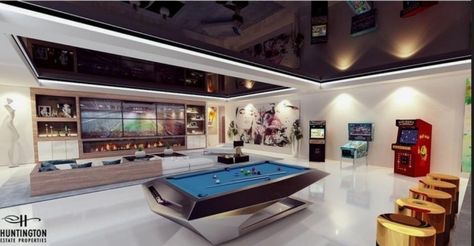 Kids Games Room, Luxury Gaming Room, Game Room Setup, Gaming Room Ideas, Luxury Game Room, Sala Cinema, Game Room Lighting, Arcade Room, Home Cinema Room