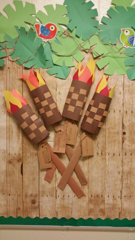 Survivor theme bulletin board torches...the tribe has spoken.                                                                                                                                                     More Camping Theme Games, Survivor Crafts, Survivor Theme, Survivor Idea, Survivor Games, Survivor Party, Class Theme, Classroom Transformation, Ra Ideas