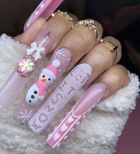 Christmas Pink Nails, Christmas Nail Designs Acrylic, Gel Nails Nail Art, Nail School, Nail Art Noel, Snowman Nails, Nails Gel Nails, Cute Christmas Nails, Easy Nails