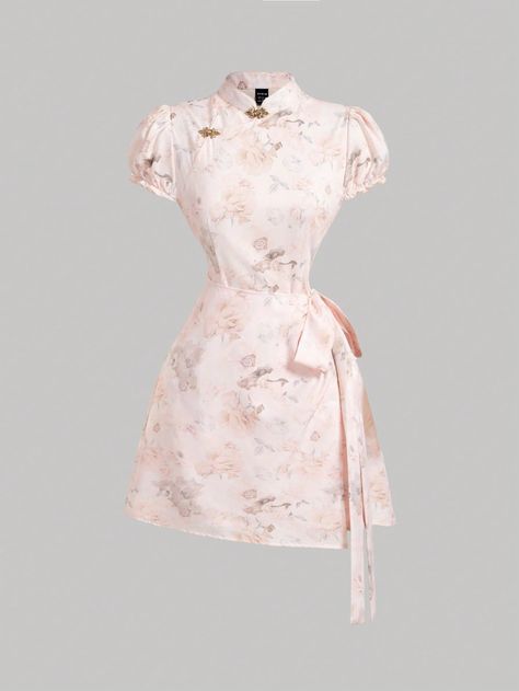 SHEIN MOD Women's Pink Chinese QiPao Collar Puff Sleeve Dress With Bowknot Belt, Chinese Style Cheongsam, Pink Dress,Floral Print Pink Dress,Date Night DressI discovered amazing products on SHEIN.com, come check them out! Pink Dress Floral, Chinese Qipao, Dress Date, Vestidos Color Rosa, Dress Date Night, Night Dress For Women, Puff Sleeve Dress, Date Night Dresses, Fabric Floral