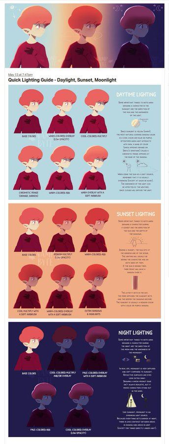 Lighting Illustration, Drawing Lighting, Sunset Lighting, Drawing Sunset, Shadow Illustration, Comic Tutorial, Light Study, Color Schemes Colour Palettes, Lighting Guide