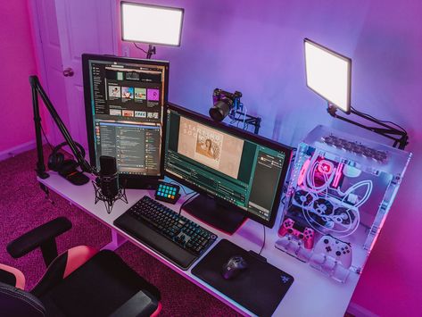 Stream Setup, Gaming Desk Setup, Computer Gaming Room, Gamer Setup, Home Studio Setup, Streaming Setup, Gamer Room Decor, Video Game Room Design, Pc Setups