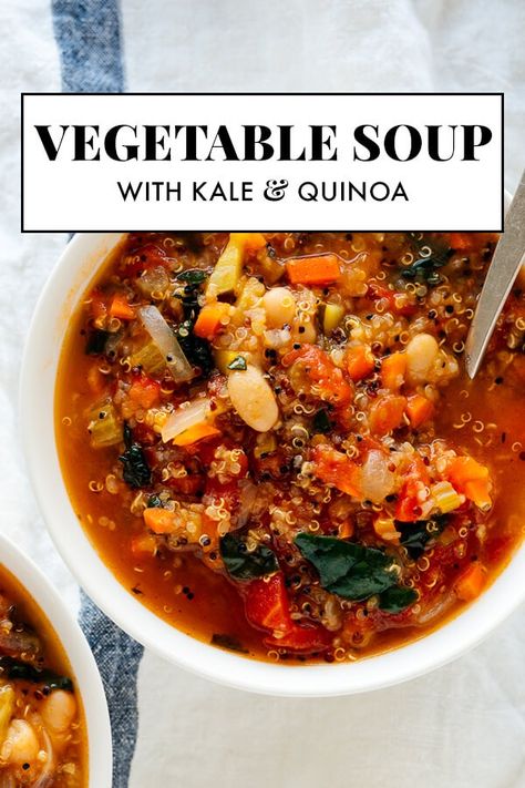 This hearty quinoa vegetable soup recipe is easy to make and so good for you, too! Warm up with a bowl tonight, and bring leftovers for lunch tomorrow! #cookieandkate #soup #comfortfood #superfoods #healthyrecipe Soup With Quinoa Vegetable, Soup With Kale Recipes, Kale Quinoa Soup, Vegetable Soup With Kale, Veggie Quinoa Soup, Vegan Detox Soup, Soup With Quinoa, Quinoa Soup Recipes, Quinoa Vegetable Soup