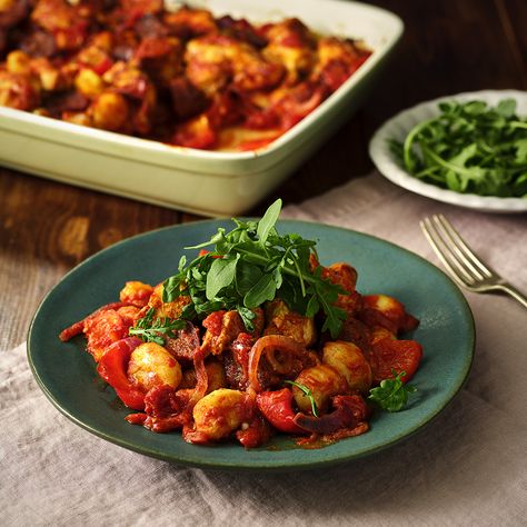 Harissa Chicken Traybake with Chorizo and Gnocchi Recipe | Recipes from Ocado Easy Traybake Recipes, Dark Meat Chicken, Traybake Recipes, Chicken Traybake, Salmon And Broccoli, Harissa Chicken, Chicken Chorizo, Gnocchi Recipe, Ideal Family