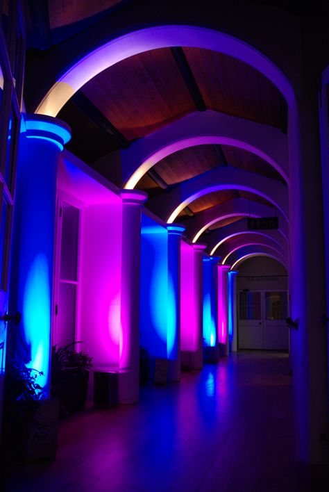 The Collonade lit with blue and pink uplighters Building Reference, Warehouse Interior, Pink Party Theme, Soul Punk, Planet Coaster, Creative Office Space, Nightclub Design, Photo Frame Wallpaper, 21 Birthday