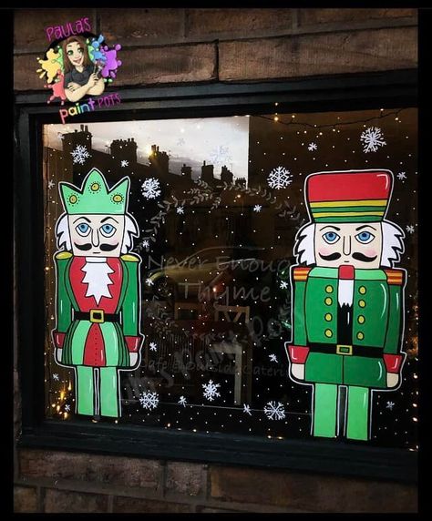 Painted Window Art Ideas, Painted Window Christmas, Vintage Christmas Window Painting, Gingerbread House Window Painting, Nutcracker Window Painting, Christmas Window Art Ideas Diy, Christmas Window Painting Ideas Easy, Christmas Windows Painted, Gingerbread Window Painting