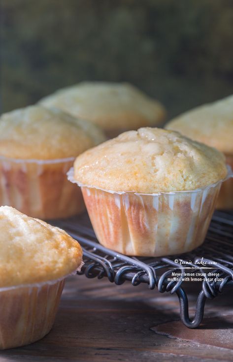 Meyer lemon cream cheese muffins with lemony-sugar glaze recipe Lemon Cream Cheese Muffins, Meyer Lemon Recipes, Lemon Seasoning, Citrus Recipes, Lemon Cream Cheese, Homemade Breads, Cake Muffins, Cream Cheese Muffins, Stay Hungry