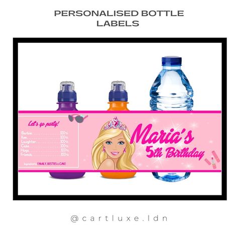 **PERSONALISED BARBIE FRUIT SHOOT AND WATER BOTTLE LABELS** Cute personalised Barbie labels for your little ladies special day. 6 PERSONALISED SELF ADHESIVE CHILDREN'S BOTTLE LABELS (no Bottles included) 10 PERSONALISED STICKERS PER ORDER The labels ARE SELF ADHESIVE! So you can simply remove the original label and stick your new personalised one on. NO NEED TO CUT/GLUE! Printed on GLOSS paper, so they will be nice and shiny. Fruit shoot label size 170mm x 41mm you will receive 6. Water bottle label size 200mm X 40mm, you will receive 6 Round stickers size 40mm x40mm Personalised with a name/3 word message of your choice. Ideal for kids parties or celebrations. PLEASE LEAVE MESSAGE WITH NAME/MESSAGE REQUIRED FAST DISPATCH 1-3 DAYS Thank you for shopping with us <3 Fruit Shoot, Boy Party Decorations, Barbie Theme Party, Personalised Stickers, Bottle Label Template, Barbie Theme, Drink Labels, Kids Party Decorations, My Son Birthday