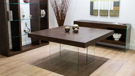 Dark Wood Square Dining Table | Glass Legs | Seats 6 - 8 Square Dining Table For 8, High Dining Table Set, Corner Bench Dining Table, Square Glass Dining Table, Square Dining Room Table, Dining Table For 8, Square Kitchen Tables, Contemporary Garden Furniture, Dining Table Glass