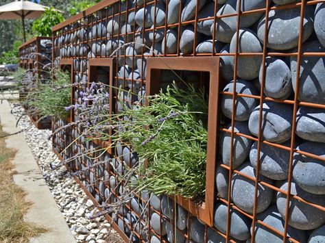 Gabion Wall Design, Short Fence, Cool Mailboxes, Gabion Retaining Wall, Grey Painted Walls, Privacy Screening, Gabion Wall, Stone Retaining Wall, Pub Design