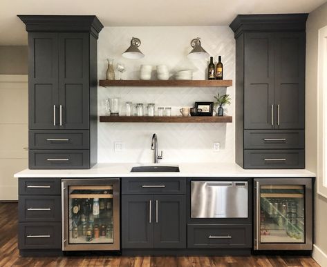 Liberty Lake Basement Wet Bar - Transitional - Basement - Seattle - by Kimberlee Kristine | Houzz Beverage Center Basement, Small Wet Bar Basement Floating Shelves, Basement Back Bar, Black Basement Kitchenette, Family Room Bar Ideas Built Ins, Black Cabinet Wet Bar, Basement Bar With Floating Shelves, L Shaped Wet Bar Basement, Farmhouse Wet Bar Ideas