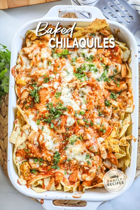 Chilaquiles breakfast nachos baked in a casserole dish Mexican Breakfast Nachos, Sheet Pan Chilaquiles, Chilaquiles Casserole Breakfast, Chiliquillas Recipe With Chicken, Easy Mexican Breakfast Casserole, Mexican Breakfast For A Crowd, Chiliquillas Recipe Breakfast Easy, Chiliquelies Breakfast, Chilliquelles Breakfast Recipe