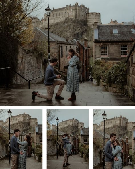 Series of images from the proposal in Edinburgh on the top of the vennel steps. Iconic view of Edinburgh Castle. Emotional moment, happy couple. She said yes. Edinburgh Proposal, Scotland Proposal, Eye Killer, Best Places To Propose, Edinburgh Wedding, Scotland Wedding, Proposal Photos, Surprise Proposal, Romantic Moments