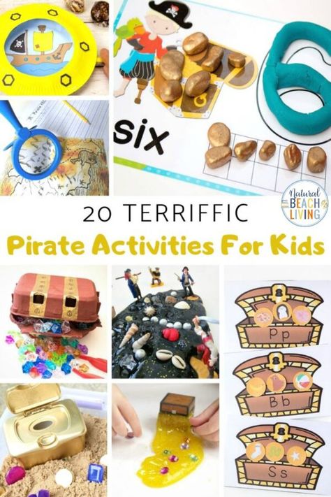 20+ Pirate Activities for Kids - Fun and Unique Ideas - Natural Beach Living, These Pirate Activities for kids are perfect for preschool and Kindergarten children to play with and create! You'll have a blast right along with them. Pirate activities are great to add to an Under the Sea Theme, Ocean Activities, or for a summer preschool theme. Pirate Treasure Chest Craft, Pirate Activities For Kids, Pirate Crafts For Kids, Summer Preschool Themes, Pirate Preschool, Pirate Coloring Pages, Preschool Math Games, Learning Activities For Kids, Pirate Activities