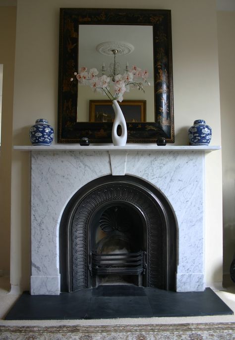 Marble Fire Surround, Curved Fireplace, Fireplace Modern Design, Cast Iron Fireplace Insert, Diy Mantel, Slate Hearth, Marble Fireplace Surround, Fireplace Grate, Faux Fireplace Diy