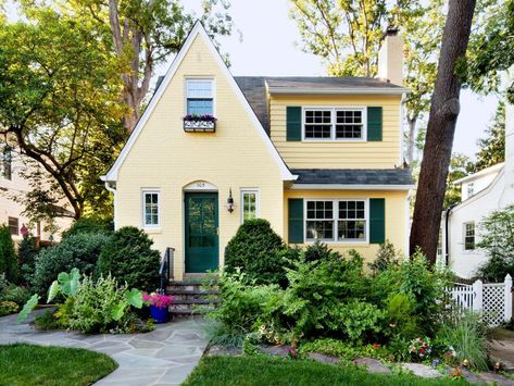 1937 quaint English cottage vibe in Benjamin Moore Golden Lab + B.M. Lafayette Green + B.M. Atrium White. Yellow House Exterior, Shutter Colors, Exterior Color Palette, Yellow Paint Colors, Green Shutters, Green Front Doors, Design Café, Outdoor Remodel, Yellow Doors