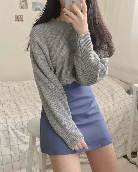 #looks #fashion #outfit #2019 #trend #spring2019 #woman #buy #sweater Blue Mini Skirt Outfit, Light Blue Mini Skirt, Pastel Princess, Mode Ulzzang, Korean Fashion Ideas, Mini Skirt Outfit, Tips For Teens, Blue Mini Skirt, Mia 3