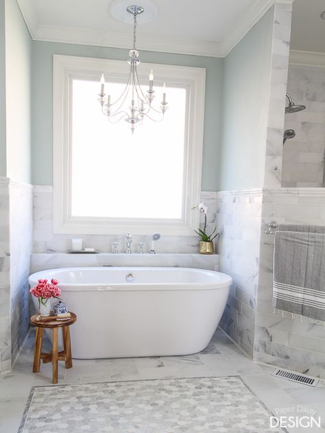 Free standing tub in marble tile master bath from Deeply Southern Home Replace jacuzzi tub with freestanding tub #diy #bathroomrenovation Herringbone Floor, Master Bath Remodel, Bath Room, Bathroom Renos, Traditional Bathroom, House Bathroom, Bathroom Remodel Master, Free Standing Bath, Bath Tub