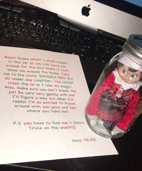 Elf on the shelf .... in a jar so you can carry around your special elf! Elf On The Shelf In Jar To Carry, Departing Elf On The Shelf Ideas, Carry Around Elf On The Shelf, Elf On The Shelf Ideas For Infants, Elf On The Shelf In A Jar To Carry, Elf On The Shelf Mom Yelling, Elf On The Shelf Jar To Carry Around, Elf On The Shelf Carry Me Around, Elf In A Jar To Carry Around