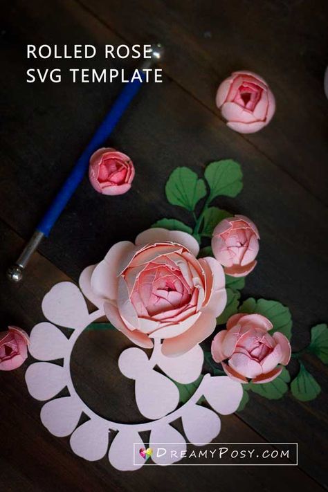 Rolled rose paper flower tutorial and SVG,PDF template Paper Flower Rose Template, Silhouette Paper Projects, Small Paper Flowers Diy Template Free Printable, Cricut Giant Paper Flowers, 3d Flower Paper Craft, Rolled Flower Template, Paper Rose Template, Rolled Paper Flowers, Rose Paper