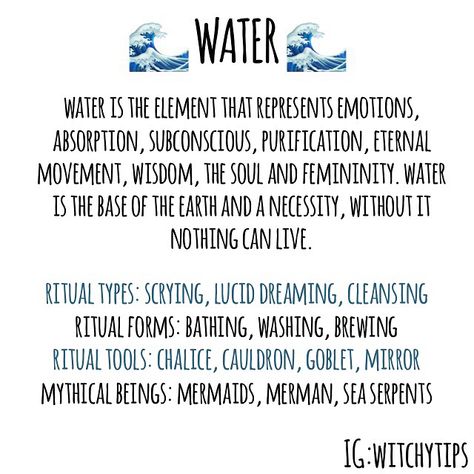 🐳❄️🌊 The Element of Water �💦🐬💙A quick overlook of the water element and correspondences. A great reference page for a book of shadows / grimoire! Apply this knowledge to any water spells or altar workings. Water Scrying, Element Of Water, Reference Page, Water Witch, Elemental Magic, Wiccan Spell Book, Eclectic Witch, Ritual Tools, Witchcraft For Beginners