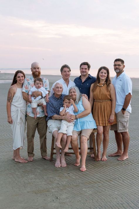 Four generations of family come together for a photography session. Great grandparents sit on a bench and try to make their great grand child smile, the remaining family smiles around great grandparents. Sunrise clouds and sandy beach for a sunrise portrait session at the Coastal Georgia Atlantic Ocean Golden Isles Georgia, Jekyll Island Georgia, Extended Family Photography, Jekyll Island, Extended Family, Portrait Session, Family Session, Photography Session, Family Vacation