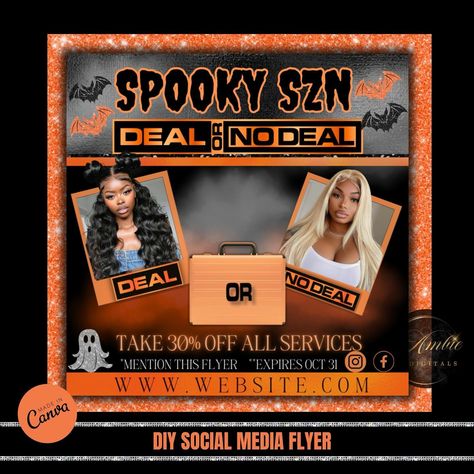 https://ambiedigitals.etsy.com/listing/1789208661 Boost your Halloween bookings with our Spooky Chic hair flyer template! This fully editable Canva template is perfect for promoting hair extensions, salon appointments, or special Halloween hair deals. Customizable to fit your brand, it’s designed to grab attention and drive sales. Make your salon stand out this spooky season—get your personalized flyer now! 🎃 #HalloweenHairFlyer #EditableCanvaTemplate #SalonPromotion #HairExtensionsFlyer #Hal... Deal Or No Deal, Lash Flyer, Hair Salon Marketing, Diy Social Media, Booking Flyer, Hair Flyer, Wig Install, Custom Flyers, Halloween Flyer