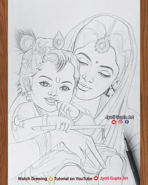 Drawing Unique Ideas, Krishna Yashoda Drawing, Krishna Eating Makhan Drawing Sketch, Gods Pencil Drawings, Easy Drawings Sketches Pencil Beautiful, God And Goddess Drawing, Yashoda Krishna Drawing, Lord Krishna Drawing Pencil, Radha Sketch