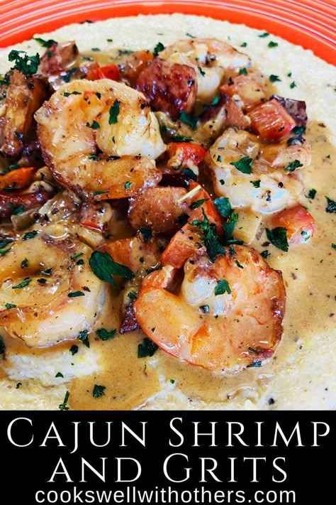 shrimp and grits on a plate with cream sauce Shrimp And Grits Recipe New Orleans, Best Shrimp And Grits Recipe, Creamy Cheesy Grits, Shrimp And Andouille Sausage, Easy Shrimp And Grits, Southern Shrimp And Grits, Shrimp Grits Recipe, Cajun Cream Sauce, Cajun Shrimp And Grits