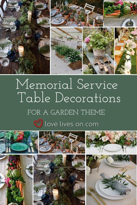 Memorial Service Ideas | Memorial Service Table Decorations. A collection of garden inspired memorial service decorations to decorate the dinner table. Click to learn how to replicate theses table decorations for your garden themed memorial service. Memorial Service Ideas | Memorial Service Table Decorations | Memorial Service Decorations | Garden Themed Memorial Service. #MemorialServiceTableDecorations #TableDecorationIdeas #AFittingFarewell Decorations For Memorial Service, How To Decorate A Memorial Table, Memorial Service Centerpiece Ideas, Centerpiece For Memorial Service, Centerpieces For Memorial Service Table Decorations, Memorial Table Decorations, Memorial Luncheon Centerpieces, Celebration Of Life Display Table, Celebration Of Life Memorial Decorations