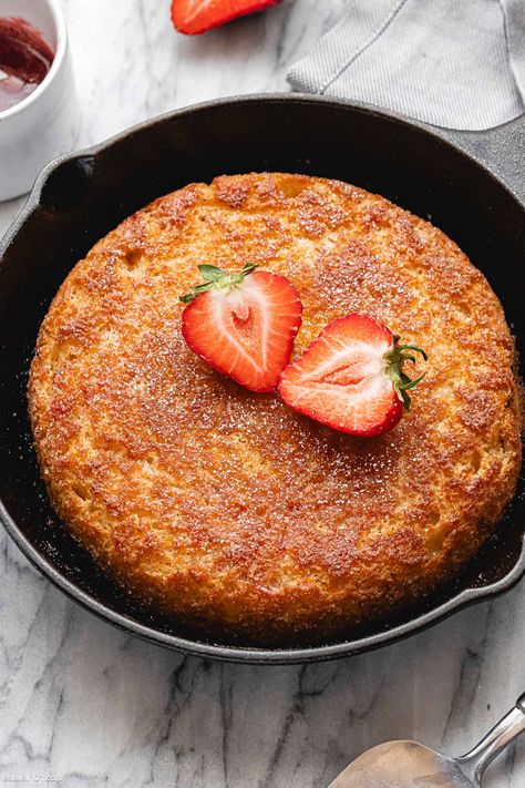 Baked Pancake in Cast Iron - #pancake #recipe #eatwell101 - Try our baked pancake recipe made in a cast-iron skillet. With a crispy crust and puffy texture, this baked pancake is perfect for a weekend brunch with your favorite toppings! - #recipe by #eatwell101® Skillet Pancake Cast Iron, Pancakes In Cast Iron Skillet, Cast Iron Pancake Recipe, Crispy Pancake Recipe, Iron Skillet Breakfast, Baked Pancake Recipe, Cast Iron Pancakes, Pancake Bake, Skillet Pancake