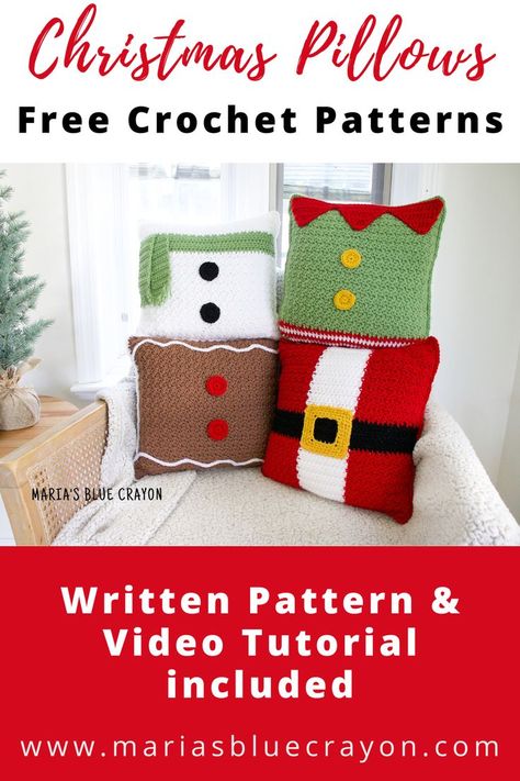 Crochet Christmas Pillow, Gingerbread Pillow, Pillow Video, Crochet Gingerbread, Crochet Elf, Christmas Pillows Diy, Xmas Pillows, Blue Crayon, Christmas Crochet Pattern