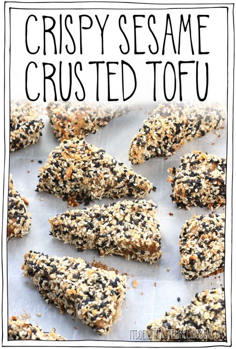 Crispy Sesame Crusted Tofu! Marinated tofu in a crispy crunch sesame crust. Great for a vegan appetizer or as a main dish served with your favourite sides. Gluten-free and oil-free options. #itdoesnttastelikechicken #veganrecipe #tofu Tofu Taste Like Chicken, Sesame Crusted Tofu, Making Tofu, Crusted Tofu, Butter Cake Cookies, Vegan Appetizer, Teriyaki Tofu, Marinated Tofu, Tofu Dishes