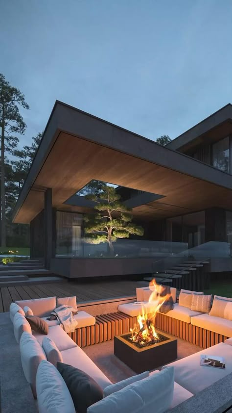 Luxury Outdoor Fireplace, Luxury Home Backyard, Multilevel Backyard Ideas, Underground Spa, Dark Modern House, Luxurious Backyard, Cool Backyard, Luxury Fireplace, Luxury Patio