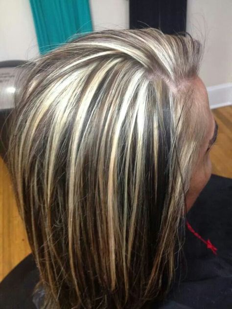 Blonde Highlights With Dark Underneath, Dark Brown With Blonde Highlights Medium, Dark Underneath Hair Blonde On Top, Black W Blonde Highlights, Dark Brown Hair With Highlights Blonde Shoulder Length, Hair Highlights For Dark Hair Blonde, Blonde Hair With Chunky Black Highlights, Short Brown Hair With Blonde Highlights Straight, Black Hair Blonde Chunky Highlights