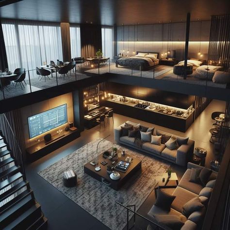 Luxury Loft Apartment Penthouses, Luxury Loft Apartment, Loft Houses, Penthouse Aesthetic, Loft Homes, Luxury Room Design, Fancy Apartment, Penthouse Design, Loft House Design