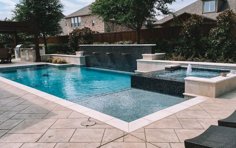 Dallas Geometric Pool Design Gallery Frisco, Plano pool Geometric Pool, Rectangle Pool, Luxury Swimming Pools, Pool Shapes, Pool Water Features, Pool Remodel, Construction Companies, Modern Backyard Landscaping, Pool Landscape Design