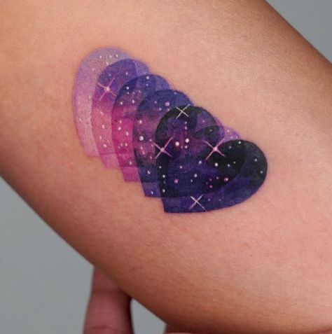 Purple And Blue Tattoo, Heart Hands Tattoo, Purple Tattoo Ideas, Purple Ink Tattoo, Purple Heart Tattoo, Star Hand Tattoos, Bisexual Tattoo, Pink Tattoo Ink, Purple Heart Tattoos