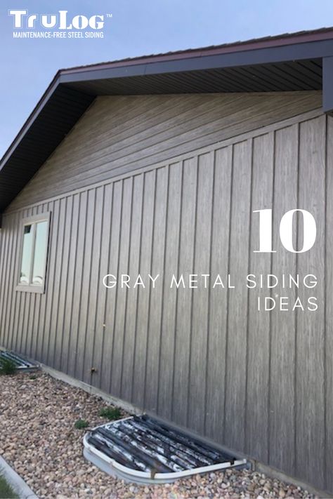 Gray Metal Siding House, Metal House Siding Ideas Exterior, Metal Siding That Looks Like Wood, Barndo Colors, Trulog Siding, Dark Gray Exterior House Colors, Dark Grey Siding, Metal Siding House, Metal Siding Colors